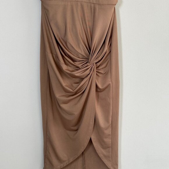 Miss Avenue Taupe Ruched Halter Dress Size Small Y2K Goddesscore Sexy Draped - Picture 2 of 11